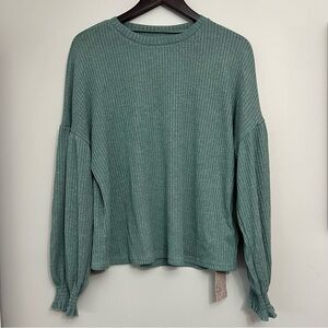 NWT Emery Rose Ribbed Long Sleeve Shirt Puff Sleeve Women’s XL Green Fall Winter